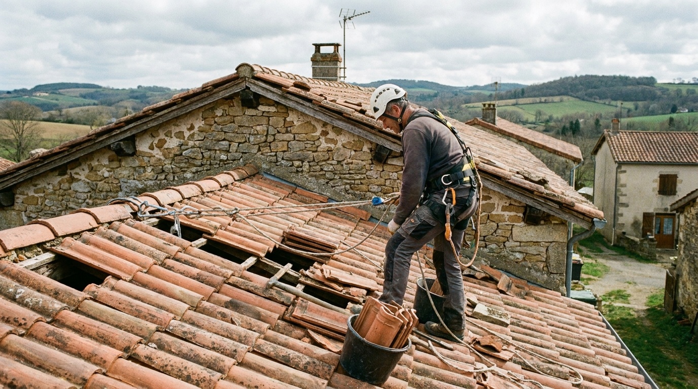 Dachdecker bei Reparaturarbeiten auf einem Flachdach.